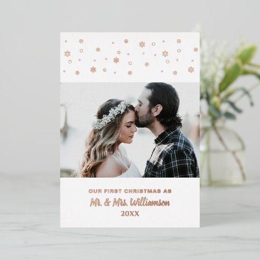 新婚カップルカスタムの写真初めてのクリスマス 箔シーズンカード (立ち正面)