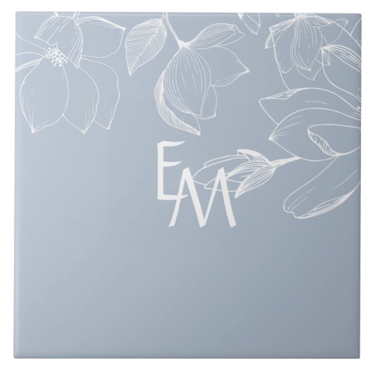 新婚ギフトダスティブルーホワイマグノリアモノグラム タイル (正面)