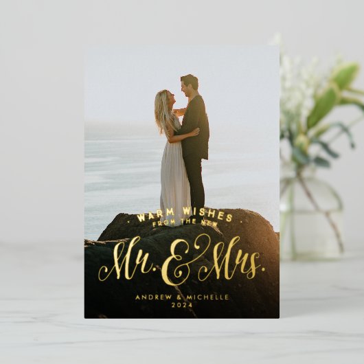 新婚クリスマスの暖かい願い写真 箔シーズンカード (立ち正面)