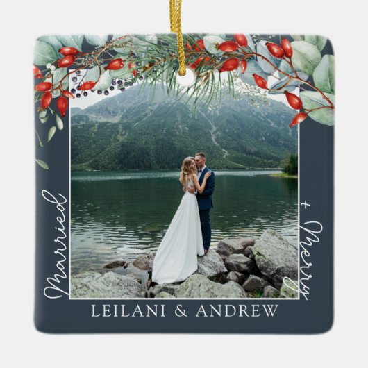 新婚クリスマスフォトウォーターカラーホリー石板 セラミックオーナメント (正面)