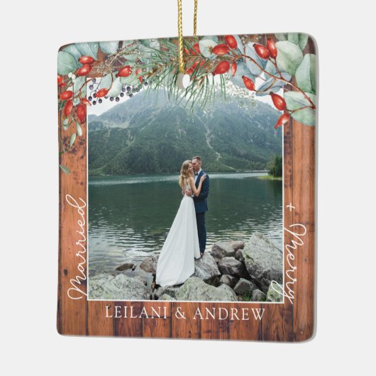 新婚クリスマスフォトウォーターカラーホリー素朴 セラミックオーナメント (左)