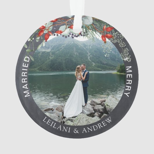 新婚クリスマスフォトホリー緑のシャルボード オーナメント (裏面)