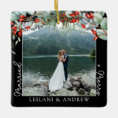 新婚クリスマスフォト&ウォーター色ホリーブラック セラミックオーナメント (正面)