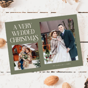新婚クリスマス おしゃれな新婚夫婦の写真入りグリーンカード シーズンカード