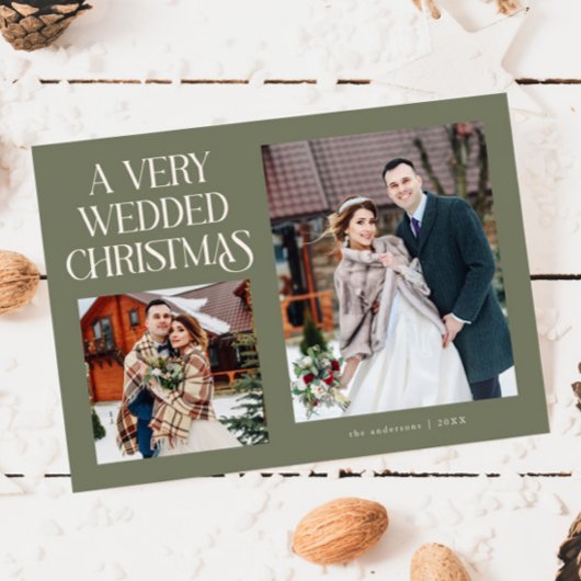 新婚クリスマス おしゃれな新婚夫婦の写真入りグリーンカード シーズンカード