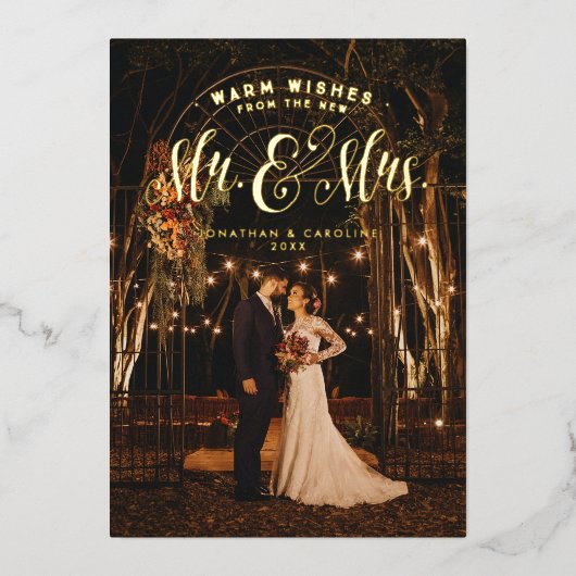 新婚クリスマス Mr. and Mrs. 1 枚の写真で温かい願い 箔シーズンカード (正面)