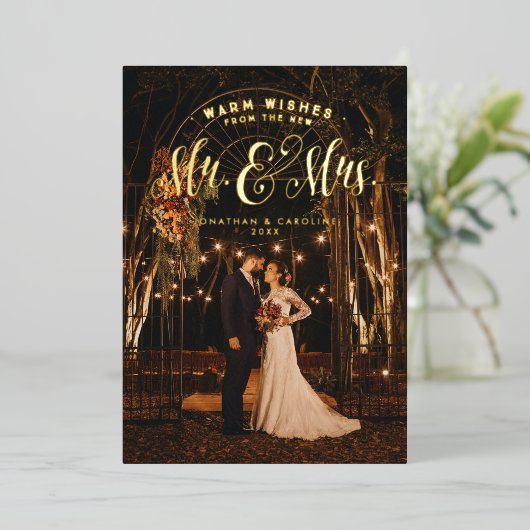 新婚クリスマス Mr. and Mrs. 1 枚の写真で温かい願い 箔シーズンカード (立ち正面)