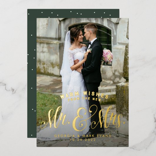 新婚クリスマス Mr. and Mrs. 1 枚の写真と温かいメッセージ 箔シーズンカード (正面/裏面)
