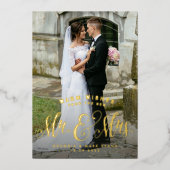 新婚クリスマス Mr. and Mrs. 1 枚の写真と温かい願い 箔シーズンカード (正面)