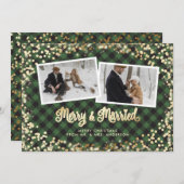 新婚グリーンプレイド金ゴールド写真クリスマスホリデー シーズンカード (正面/裏面)