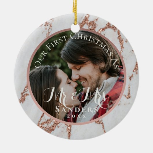 新婚フォトバラ金ゴールドグリッターマーブルクリスマス セラミックオーナメント (裏面)