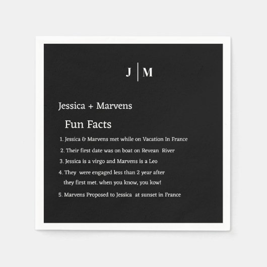 新婚ブラックのモノグラム結婚事実 スタンダードカクテルナプキン (正面)