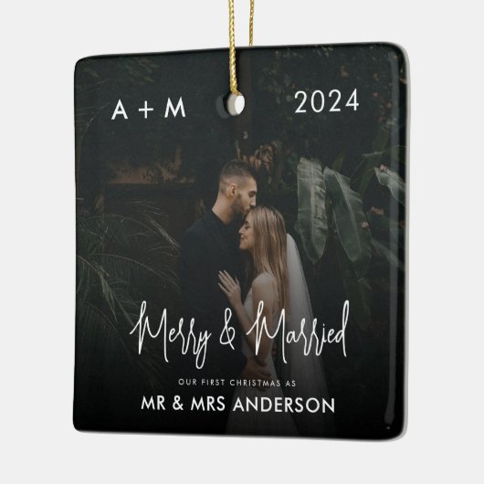 新婚メリー初めてのクリスマス結婚した写真 セラミックオーナメント (左)