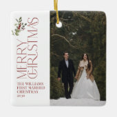 新婚モダン初のクリスマス結婚した写真 セラミックオーナメント (正面)
