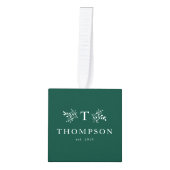 新婚モノグラムグリーン初めてのクリスマス写真 キューブオーナメント (正面)