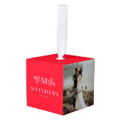 新婚モノグラム初めてのクリスマス写真オーナメント キューブオーナメント (正面アングル)