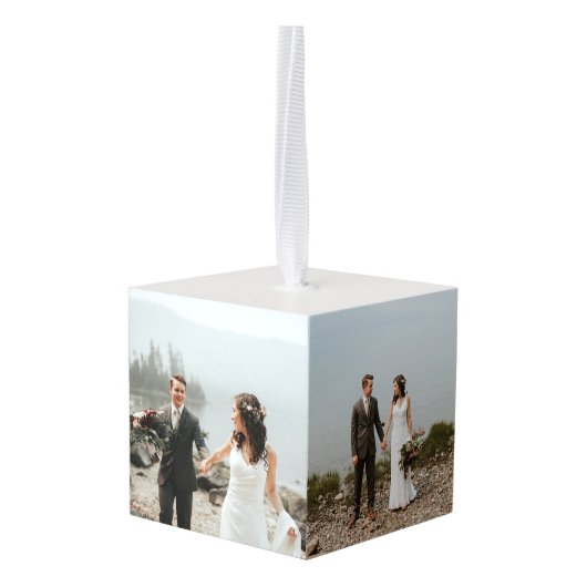 新婚モノグラム初めてのクリスマス写真オーナメント キューブオーナメント (裏面アングル)