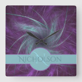 新婚モノグラム名前をカスタムする抽象芸術スパイラル スクエア壁時計 (正面)