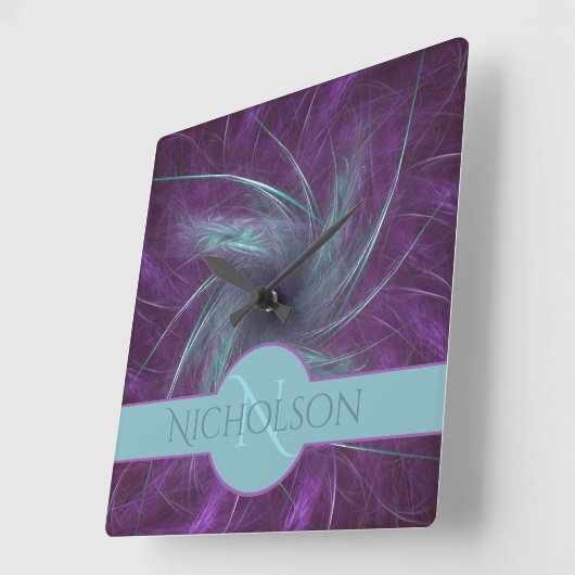 新婚モノグラム名前をカスタムする抽象芸術スパイラル スクエア壁時計 (傾斜)