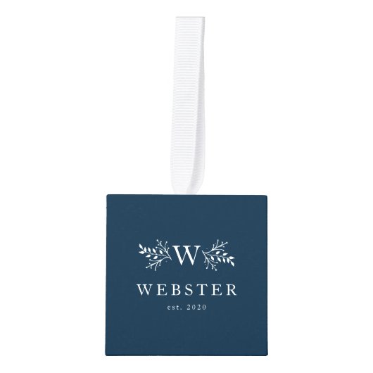 新婚モノグラム海軍初めてのクリスマス写真 キューブオーナメント (正面)