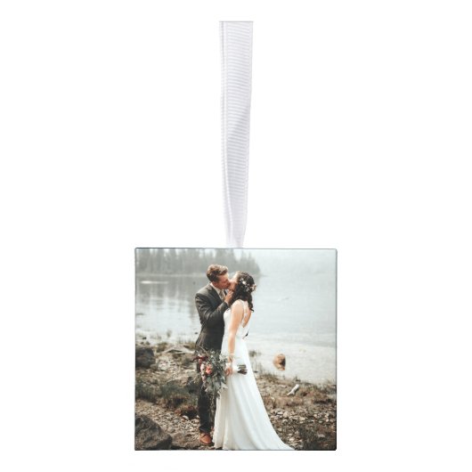 新婚モノグラム海軍初めてのクリスマス写真 キューブオーナメント (右)