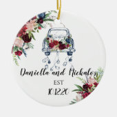新婚ヴィンテージカーたった今結婚しました セラミックオーナメント (正面)