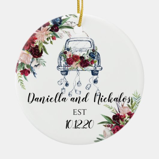 新婚ヴィンテージカーたった今結婚しました セラミックオーナメント (正面)