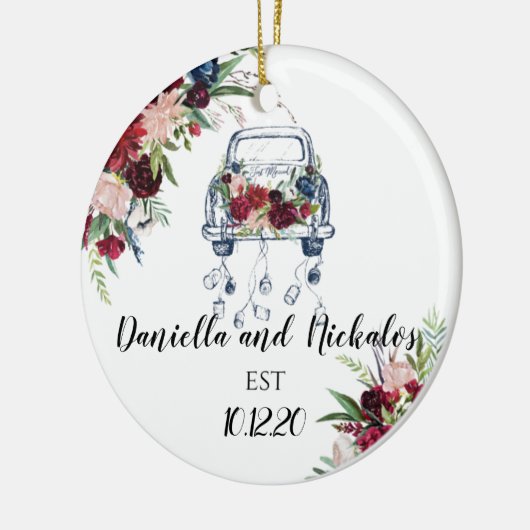 新婚ヴィンテージカーたった今結婚しました セラミックオーナメント (左)