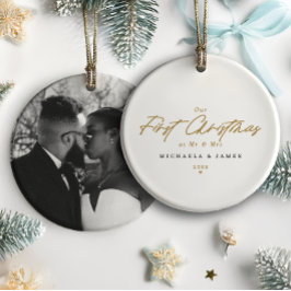 新婚初のクリスマス Mr & Mrs フォトモダン セラミックオーナメント