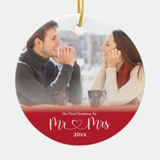 新婚初のクリスマス Mr. & Mrs 写真 セラミックオーナメント (正面)
