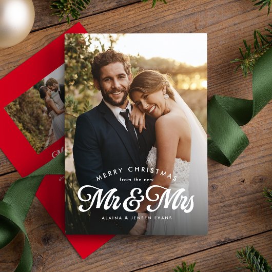 新婚初のクリスマス Mr. & Mrs. 2枚の写真入り シーズンカード