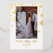 新婚初めてのクリスマスゴールデンスノーフレーク写真 箔シーズンカード (正面)
