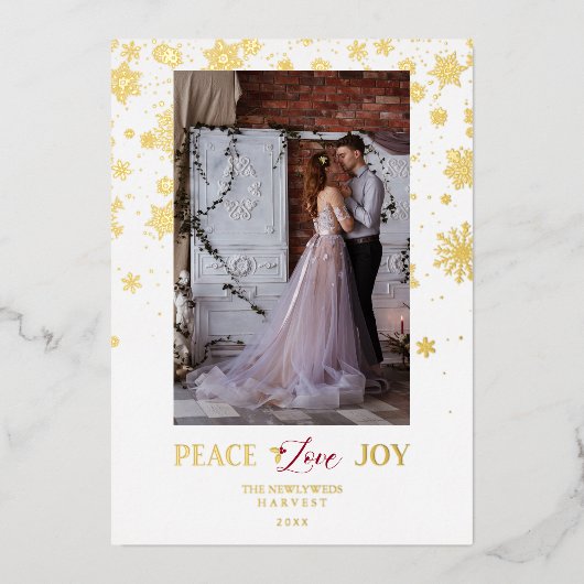 新婚初めてのクリスマスゴールデンスノーフレーク写真 箔シーズンカード (正面)