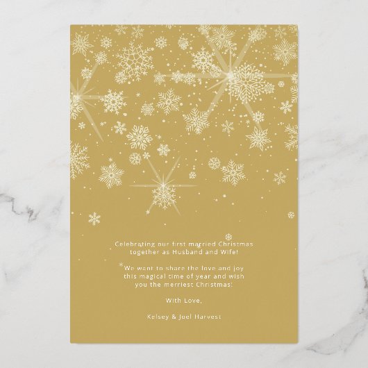新婚初めてのクリスマスゴールデンスノーフレーク写真 箔シーズンカード (裏面)
