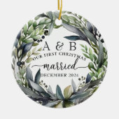 新婚初めてのクリスマスパーソナライズされた写真 セラミックオーナメント (正面)