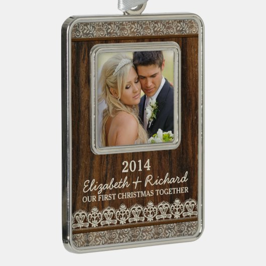 新婚初めてのクリスマスフォトウ素朴ィードレース シルバープレートフレームオーナメント (右)