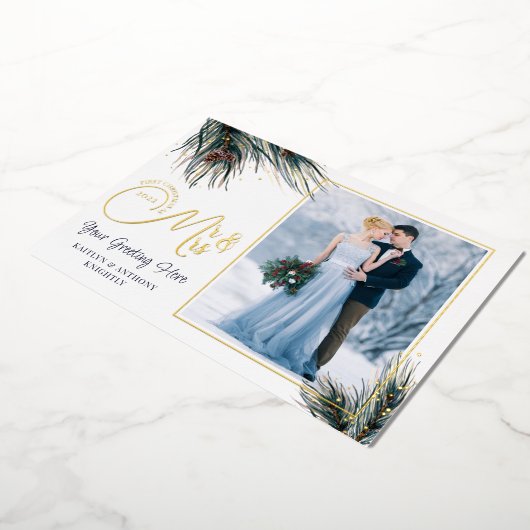 新婚初めてのクリスマスミセス・ウォーター・カラー・パイン 箔シーズンカード (回転した状態)