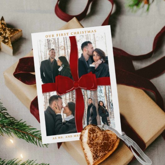 新婚初めてのクリスマス 赤いリボンのフォト ホリデー 招待状