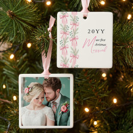新婚初クリスマスフォト ピンク リボン 松 リボン セラミックオーナメント
