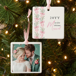 新婚初クリスマスフォト ピンク リボン 松 リボン セラミックオーナメント