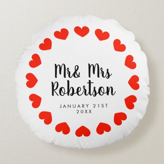 新婚夫婦のための「Mr and Mrs」丸型クッションギフト ラウンドクッション (正面)