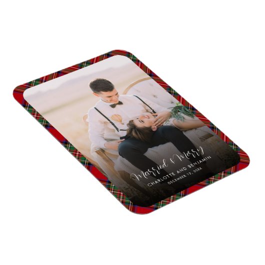 新婚夫婦の写真結婚したとメリークリスマスタータンチェック マグネット (右側)
