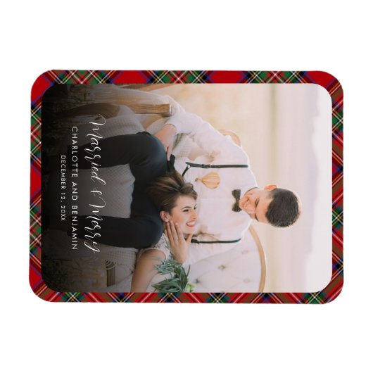 新婚夫婦の写真結婚したとメリークリスマスタータンチェック マグネット (横)