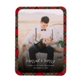 新婚夫婦の写真結婚したとメリークリスマスタータンチェック マグネット (縦)