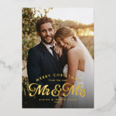 新婚夫婦の初めてのクリスマスグリーン2枚写真 箔シーズンカード (正面)