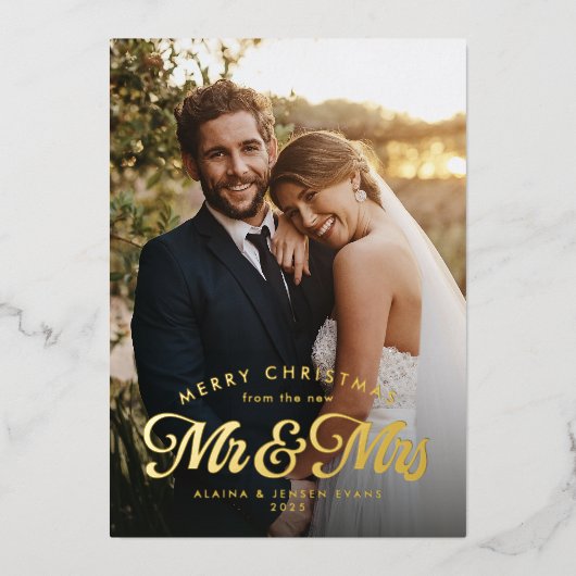 新婚夫婦の初めてのクリスマスグリーン2枚写真 箔シーズンカード (正面)