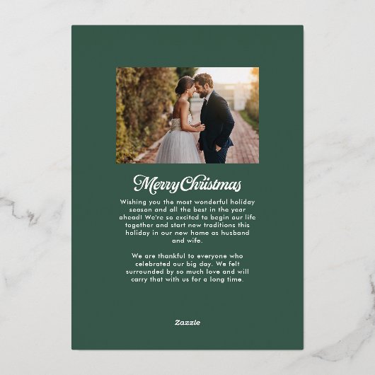 新婚夫婦の初めてのクリスマスグリーン2枚写真 箔シーズンカード (裏面)