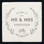 新婚夫婦の新しい家または新婚生活 ストーンコースター<br><div class="desc">新婚夫婦の新しい家または新婚生活のクッション。手描きの花と小さな家のディテール。背景色を変更できます。</div>