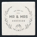 新婚夫婦の新しい家または新婚生活 ストーンコースター<br><div class="desc">新婚夫婦の新しい家または新婚生活のクッション。手描きの花と小さな家のディテール。背景色を変更できます。</div>