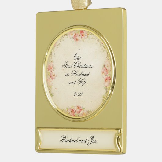 新婚夫婦の最初のクリスマス ゴールドプレートバナーオーナメント (左)